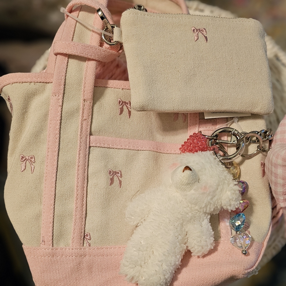 Adorable Pink and Cream Tote with Bear Charm